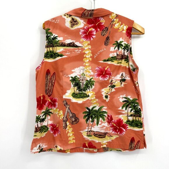 Vintage Alohawears Hawaiian Sleeveless Size L Hula Dancer Hibiscus Hawaii Scenic - Picture 6 of 7